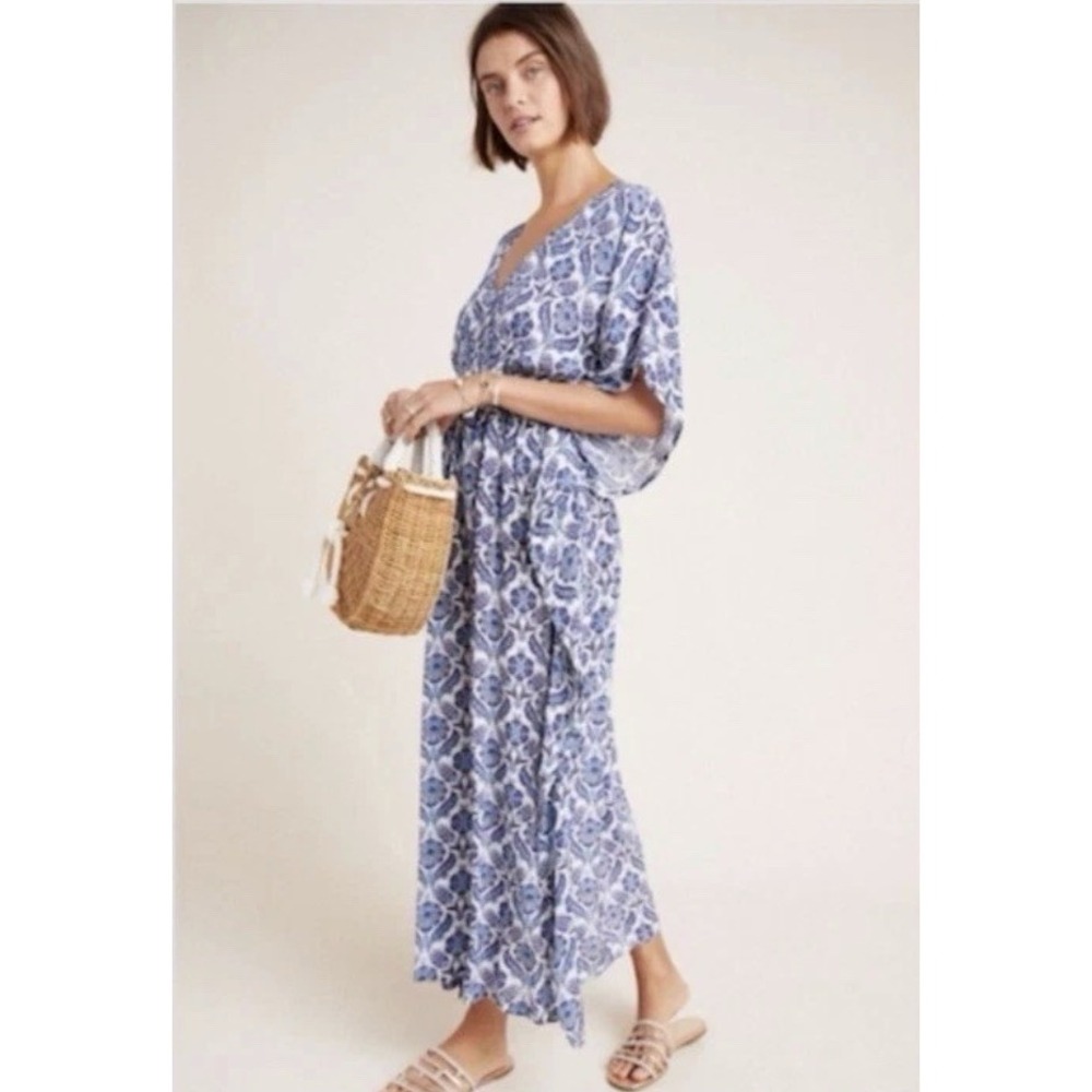 Rujuta Sheth Anthropologie Marie Cinch Kaftan Dress Blue Lotus Print M/L Maxi